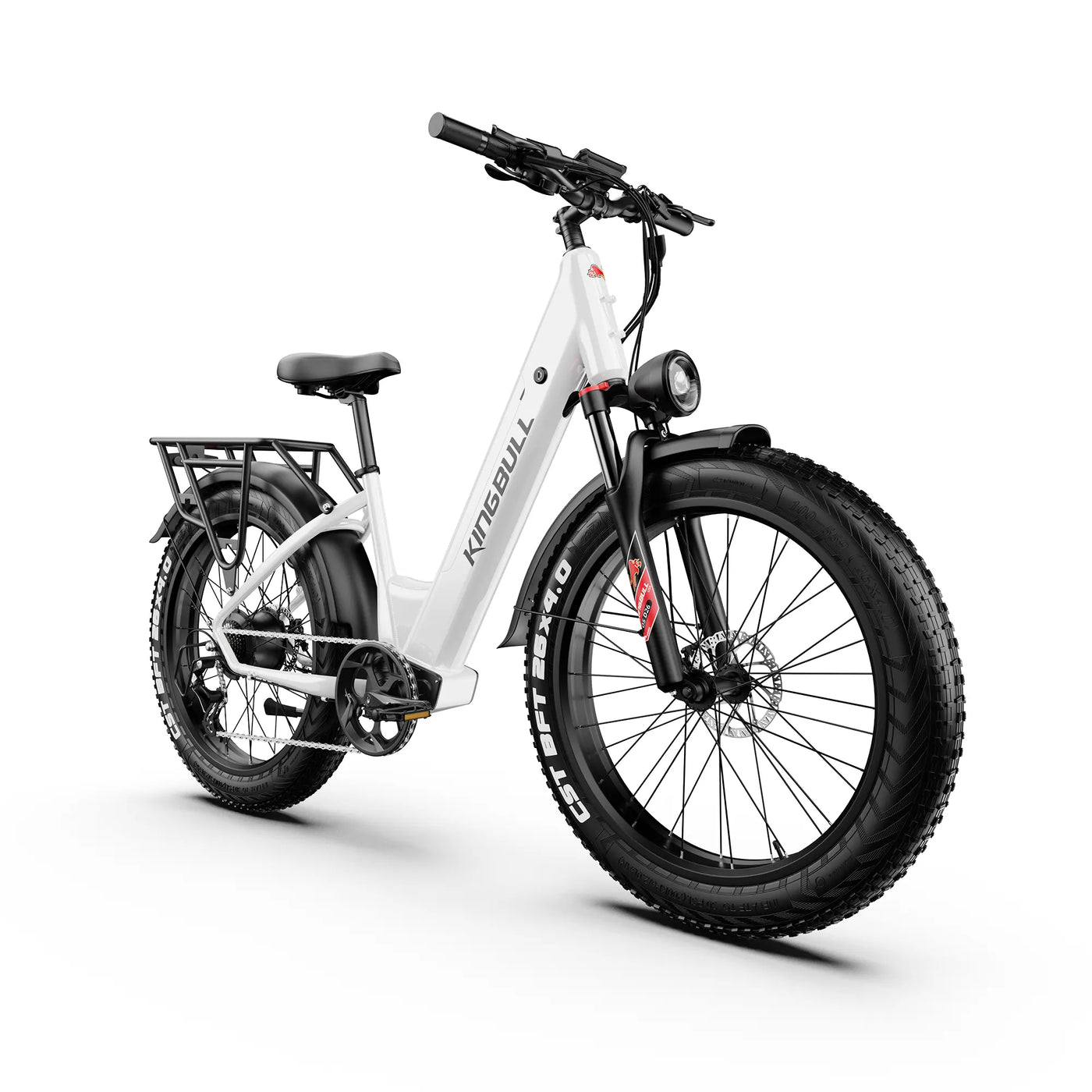 Kingbull Discover ST 2.0 electric bike in white, three-quarter studio view showing the step-through frame, 26 by 4 inch fat tyres and rear rack