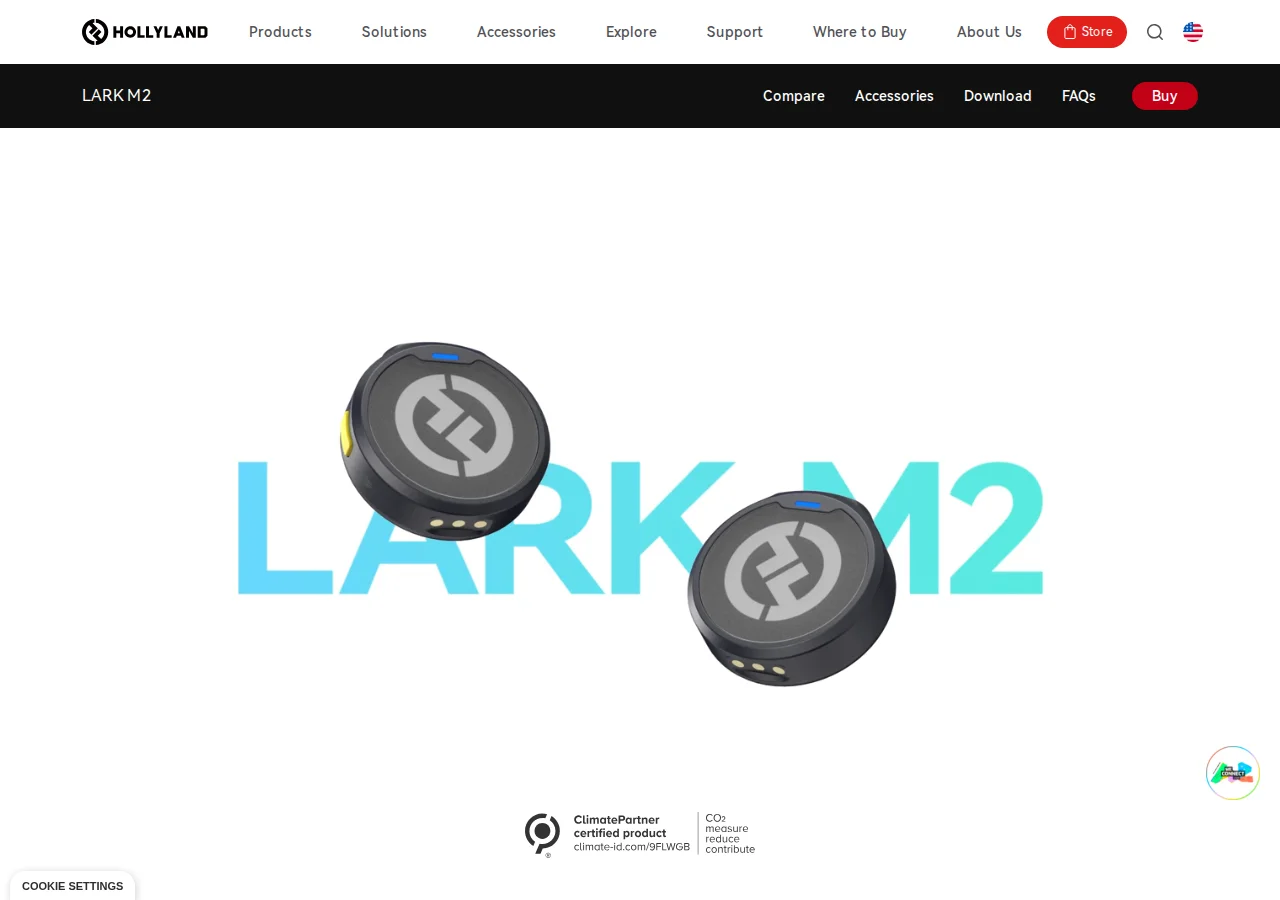 The Hollyland Lark M2 product page showing the pair of small round transmitters