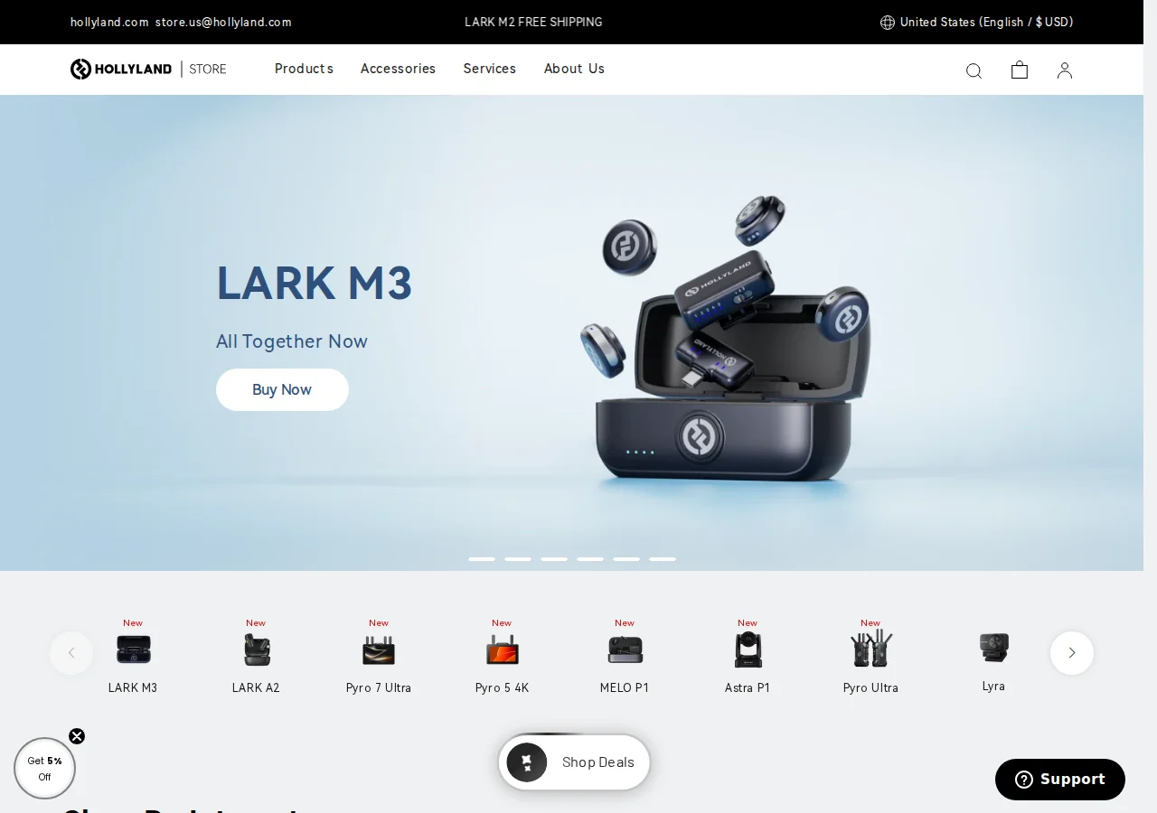 Screenshot of the Hollyland store home page showing the Lark M3 wireless microphone kit and product menu