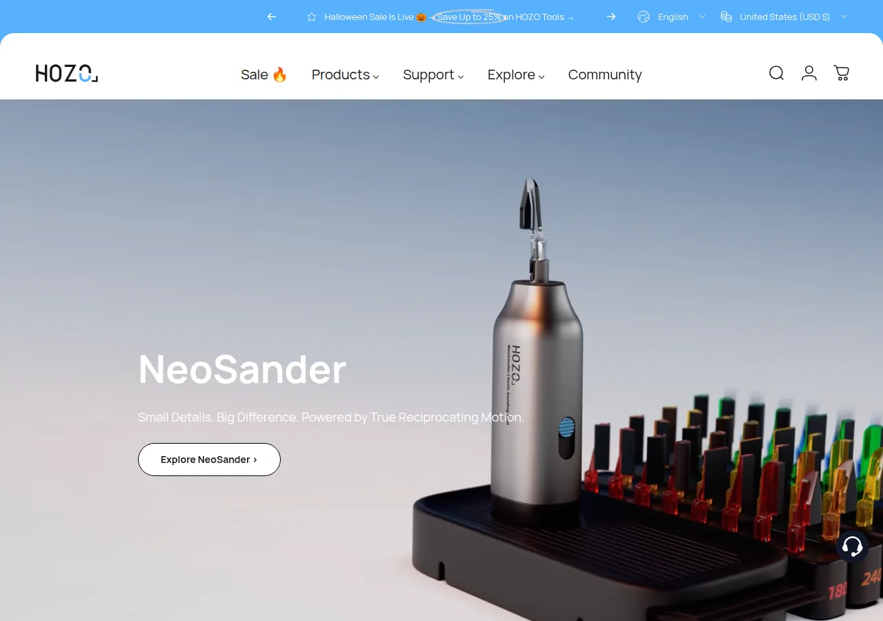 Screenshot of the HOZO home page showing the NeoSander banner under the Halloween Sale announcement