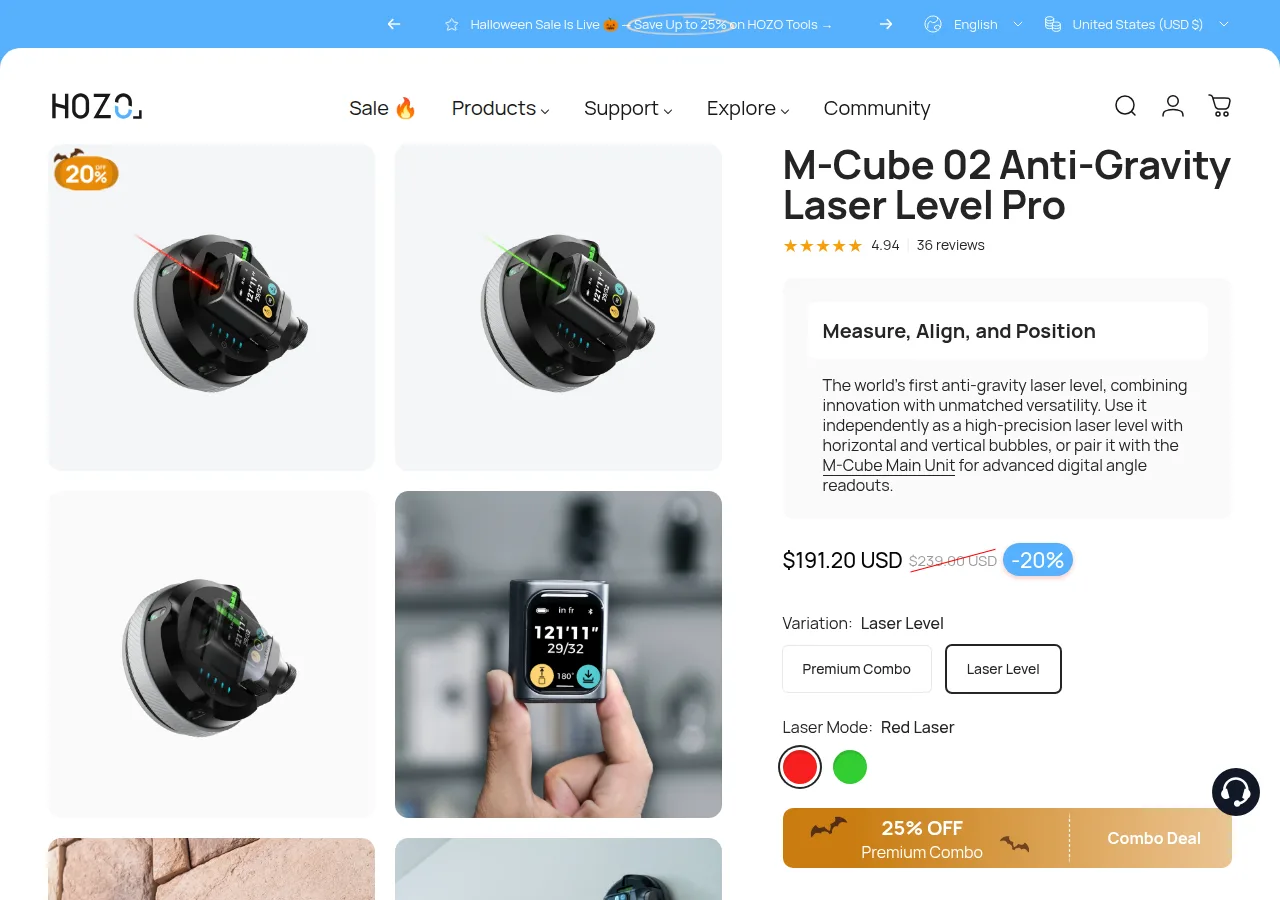 The M-Cube 02 Anti-Gravity Laser Level Pro page showing the red and green laser versions at $191.20 USD