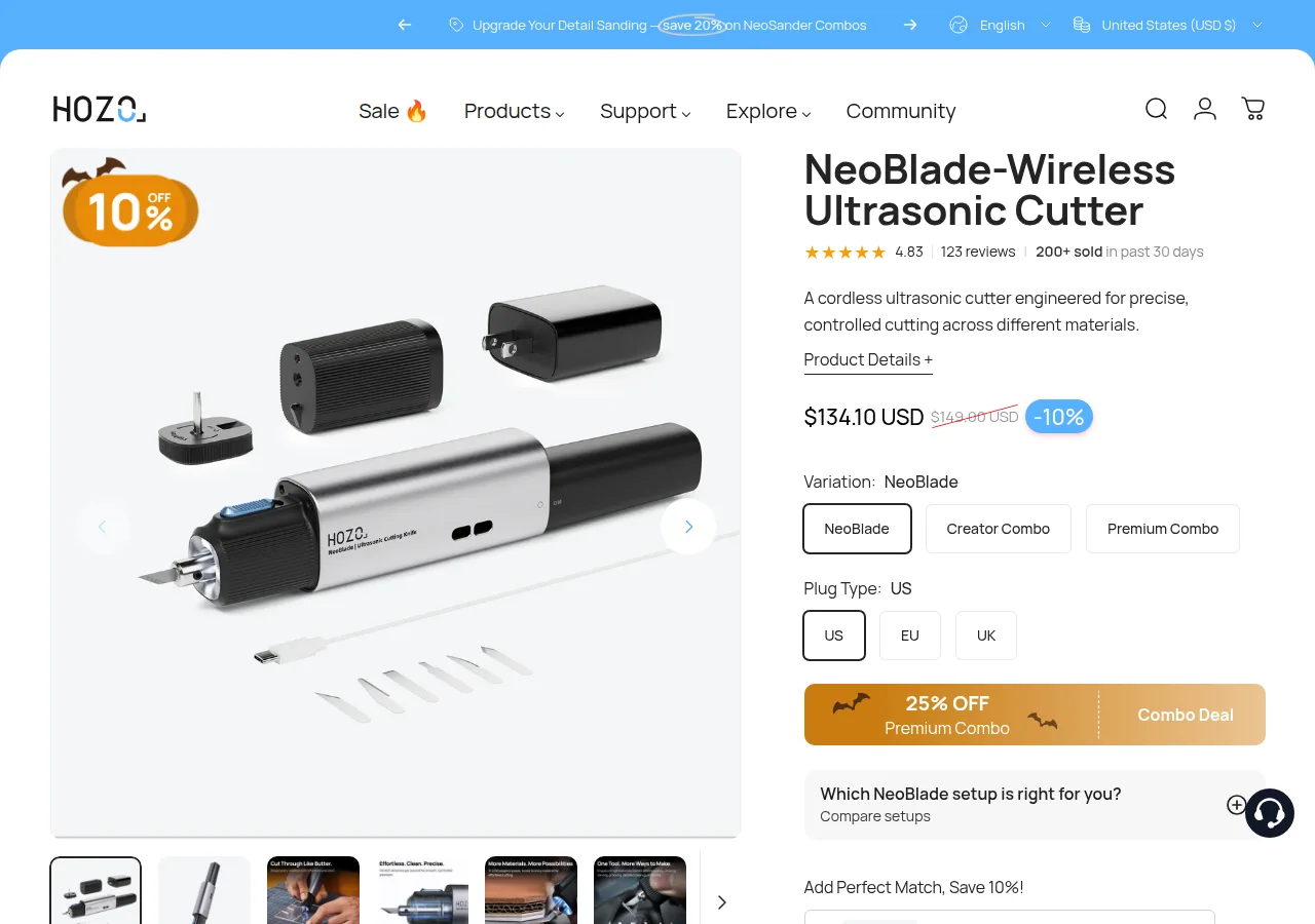 The NeoBlade product page showing the cutter, charging adapter and blade sampler at $134.10 USD
