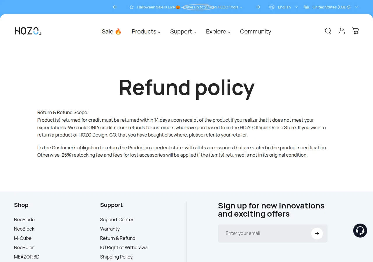 The HOZO Refund policy page showing the 14-day return window and 25% restocking fee