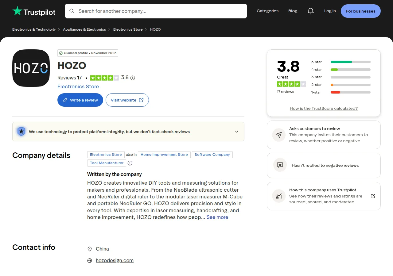 The HOZO Trustpilot profile showing a 3.8 rating from 17 reviews