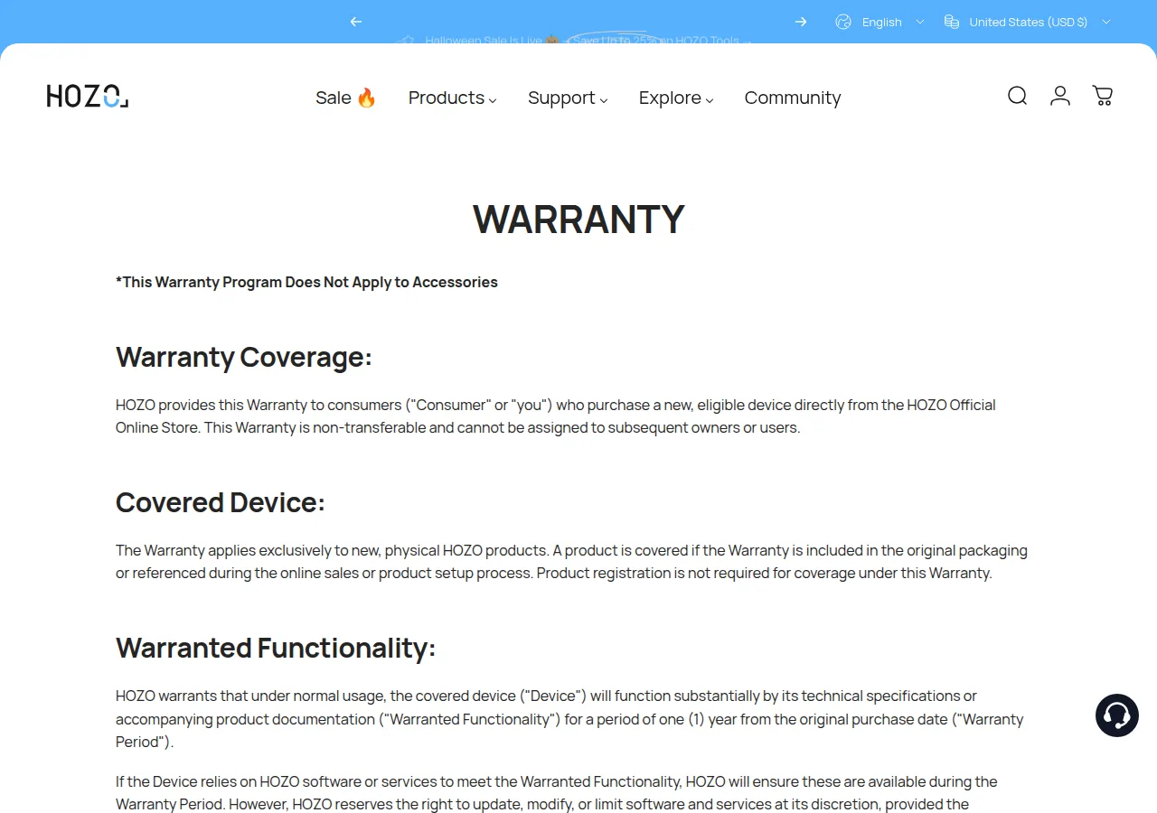 The HOZO Warranty page showing coverage and the one-year period