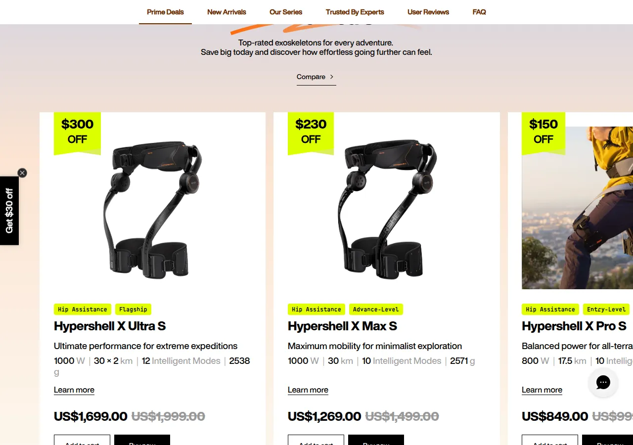 The Hypershell Fall Prime Deals page comparing the X Ultra S, X Max S and X Pro S