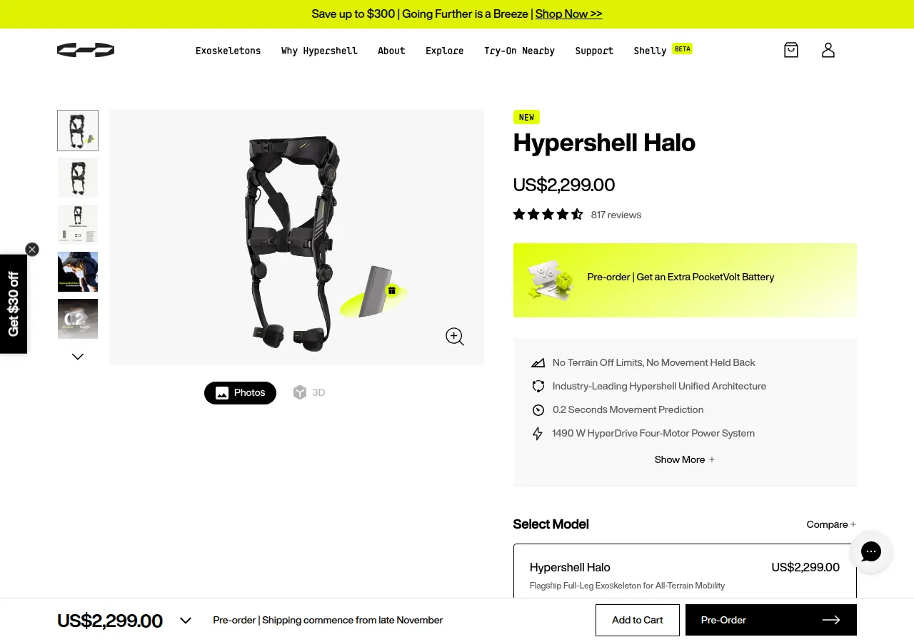 The Hypershell Halo product page announcing the full-leg exoskeleton