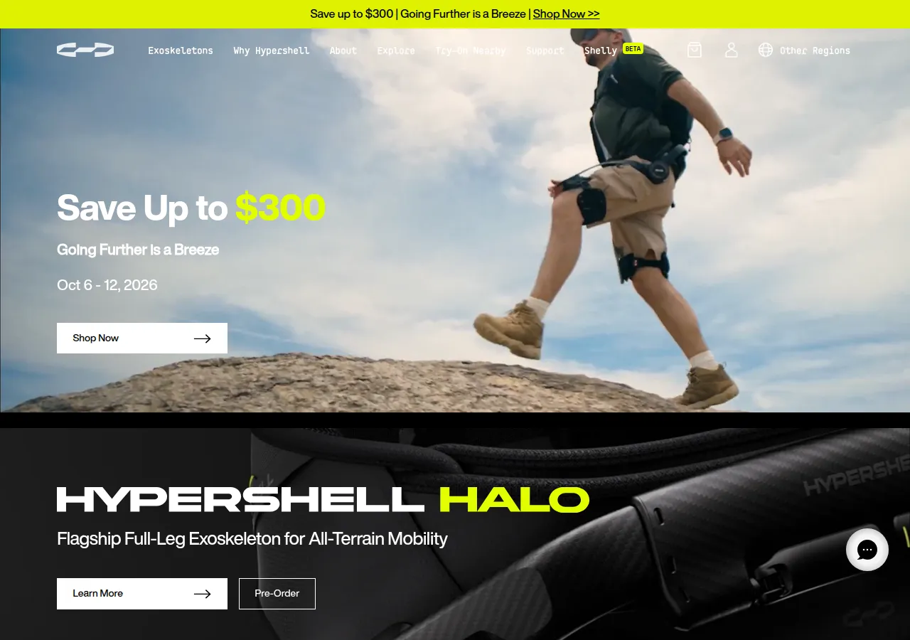 Screenshot of the Hypershell home page showing the X Series hip exoskeleton worn outdoors
