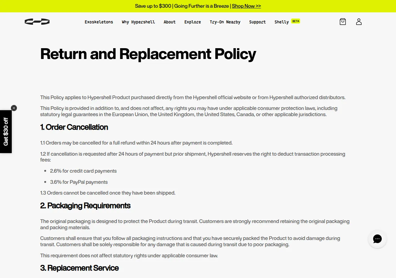 The Hypershell return and replacement policy page