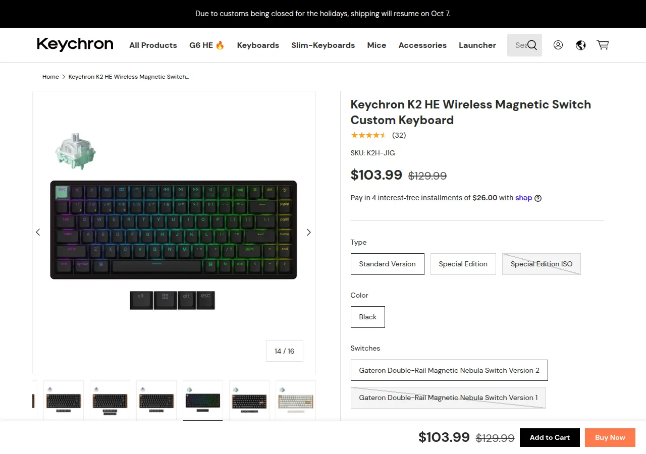 The Keychron K2 HE product page with a black 75% keyboard and its sale price