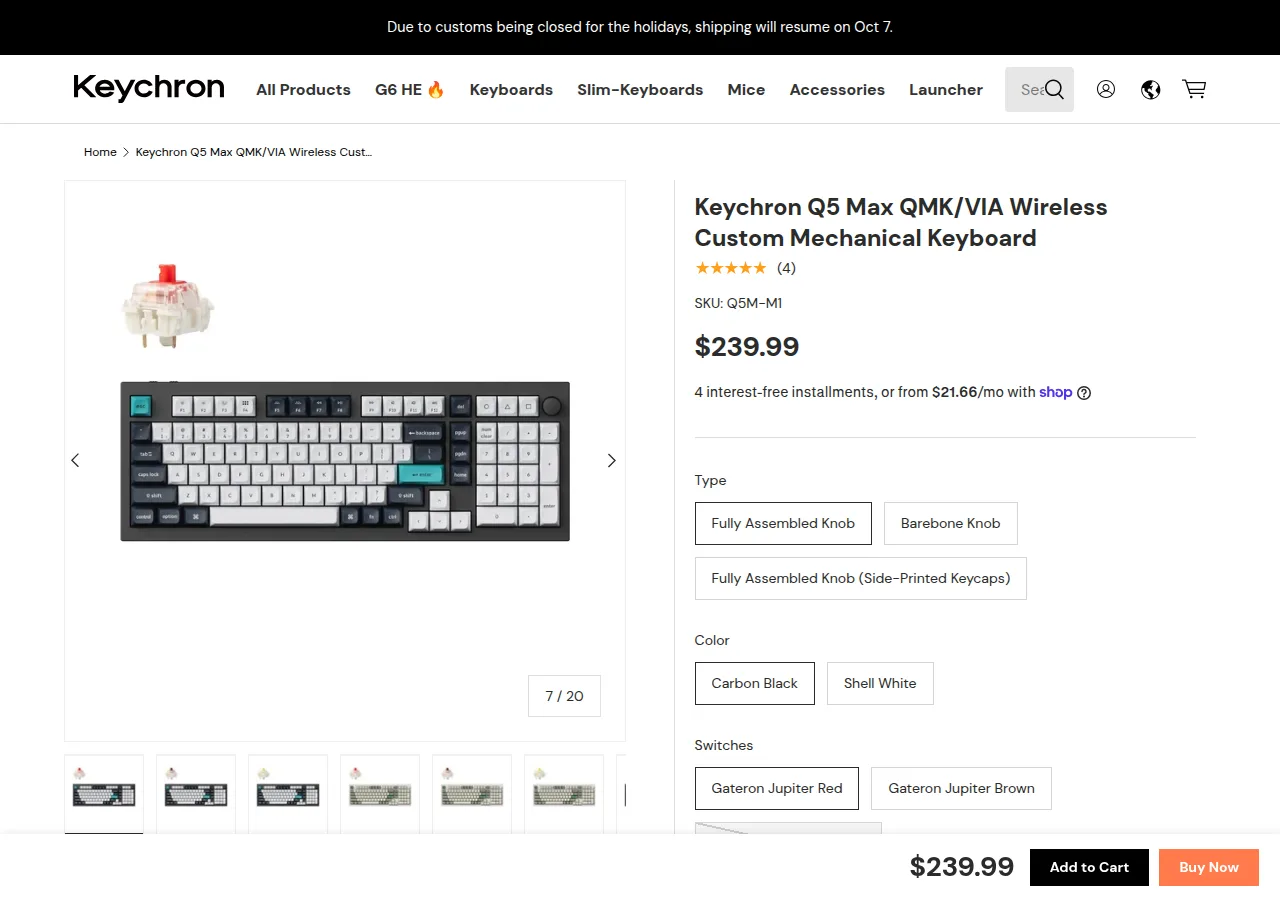 The Keychron Q5 Max product page with a white 96% keyboard and its price