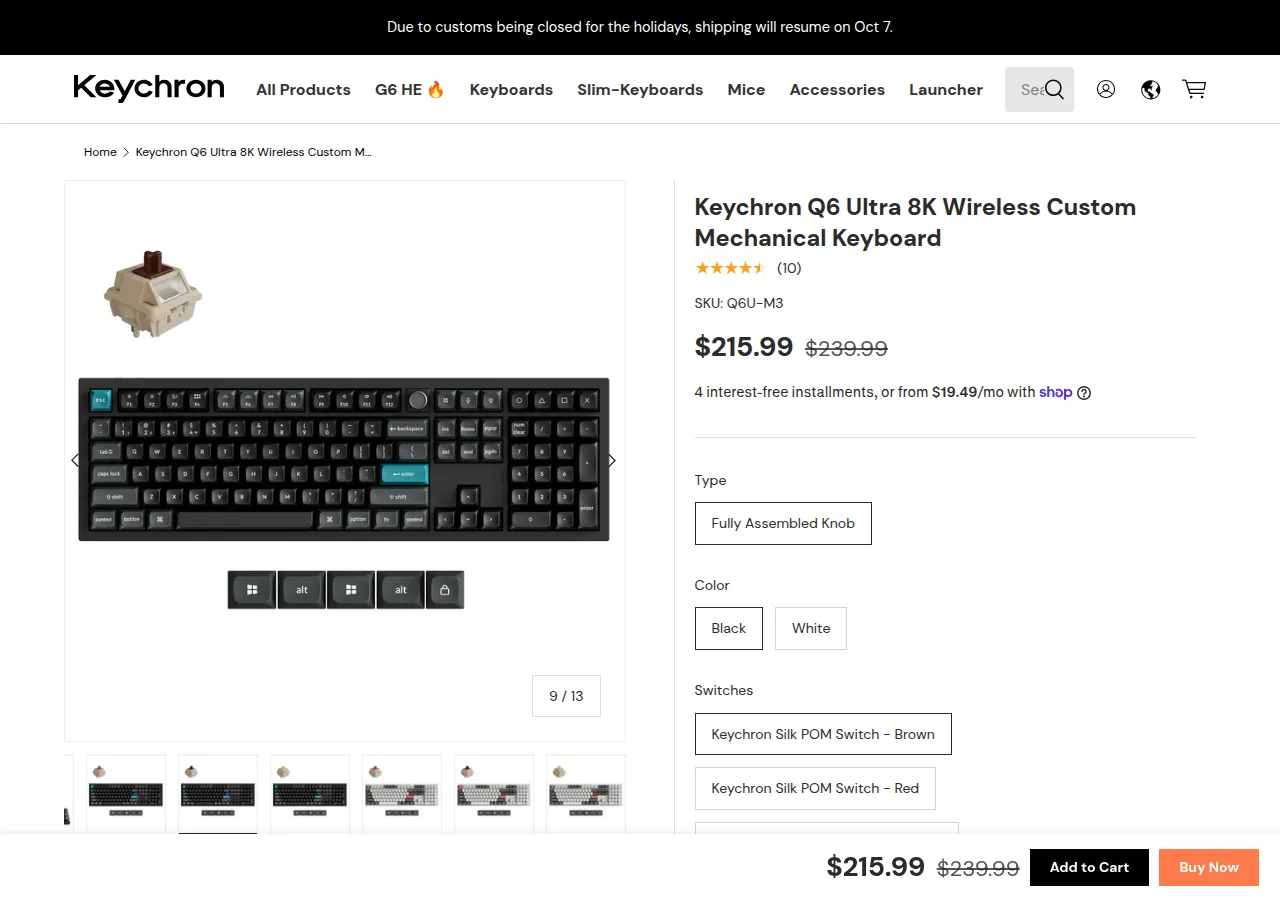 The Keychron Q6 Ultra 8K product page with a full-size black keyboard and its price