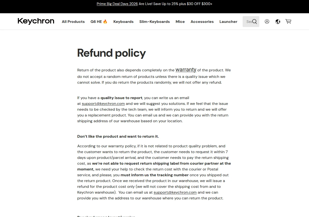 The Keychron Refund policy page explaining the 7-day return request window