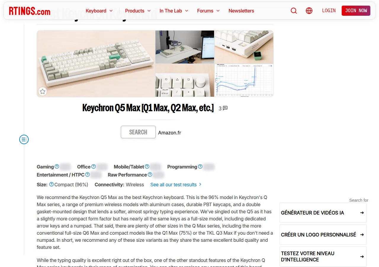 The RTINGS Best Keychron Keyboards page recommending the Keychron Q5 Max