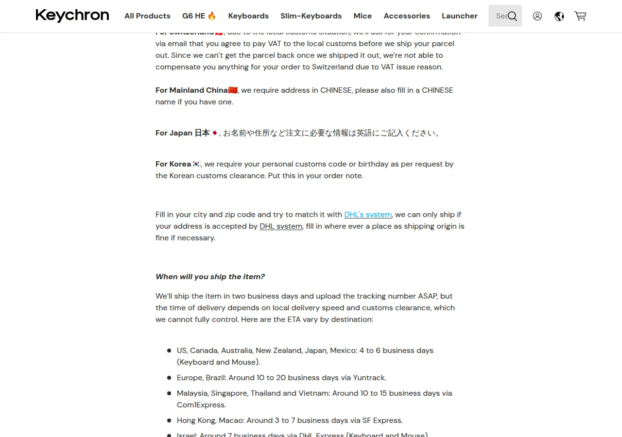 The Keychron Shipping policy page listing delivery times by destination
