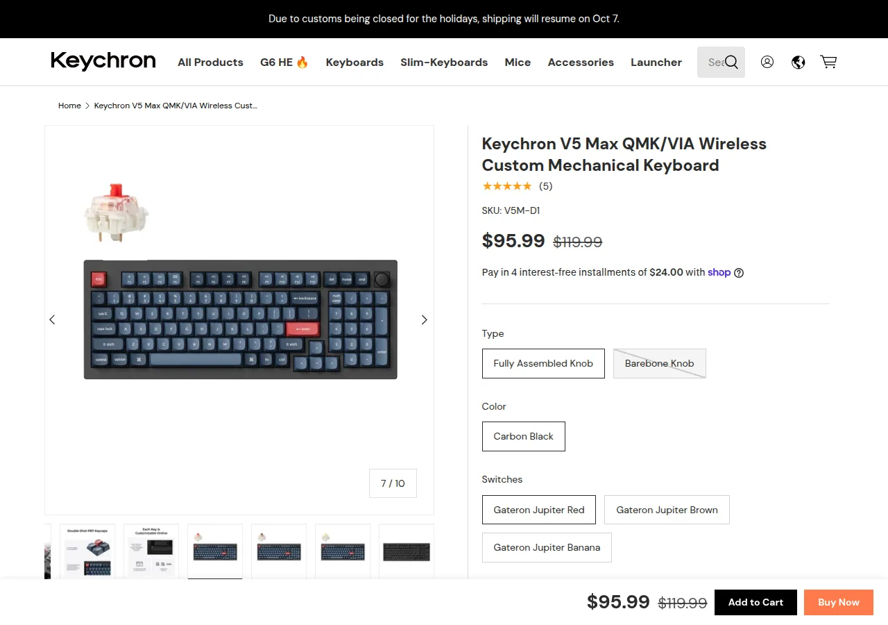 The Keychron V5 Max product page with a 96% keyboard and its sale price