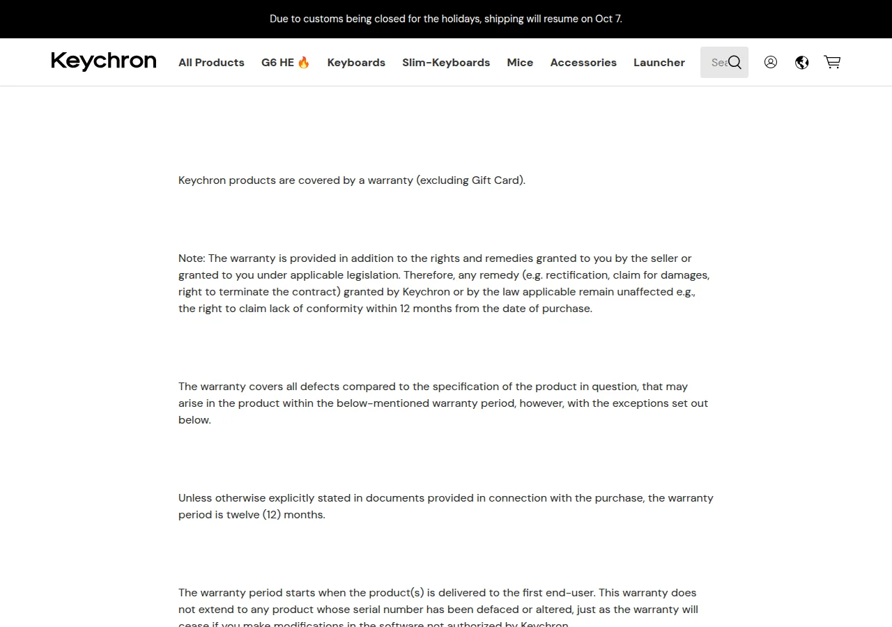 The Keychron Warranty page stating the warranty period is twelve months