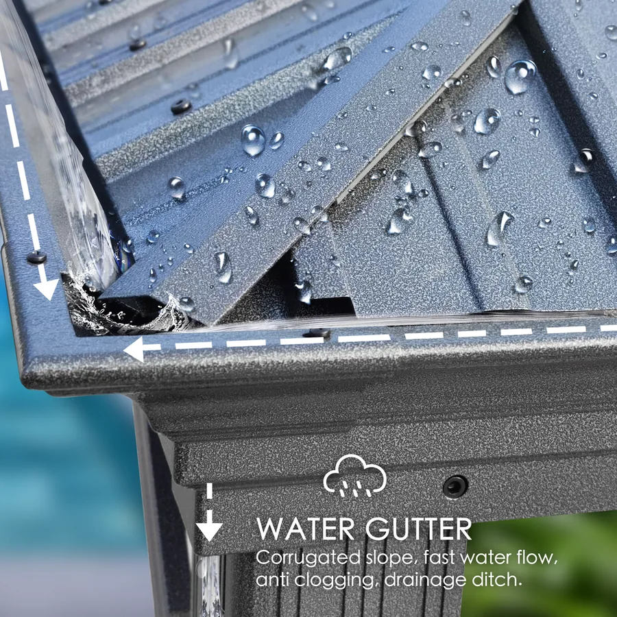 Kozyard hardtop gazebo roof detail showing the water gutter and drainage