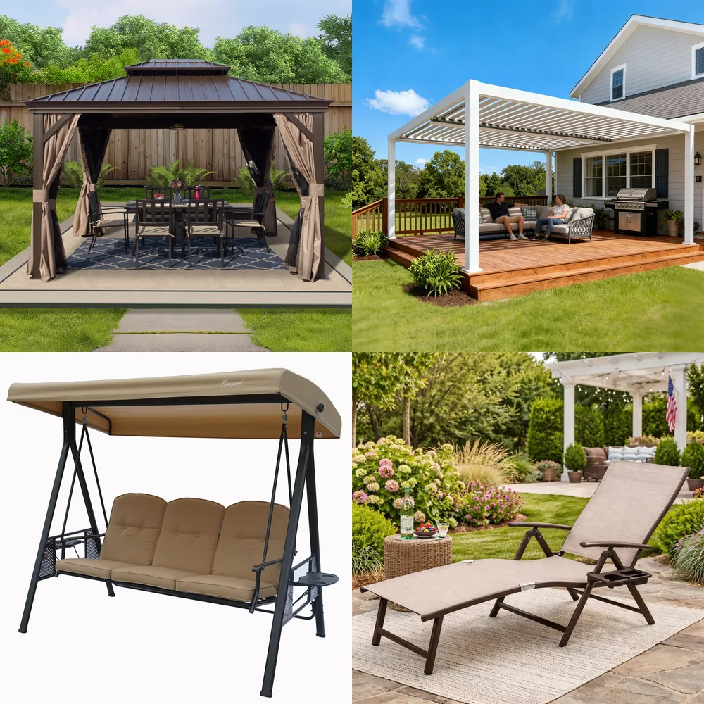 Kozyard products: an Alexander hardtop gazebo, a white louvered pergola, a three-seat patio swing and an aluminum chaise lounge