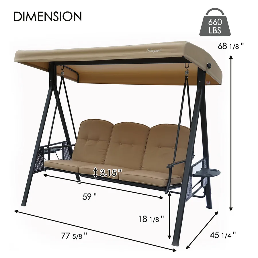 Kozyard Herbert three-seat patio swing with dimensions