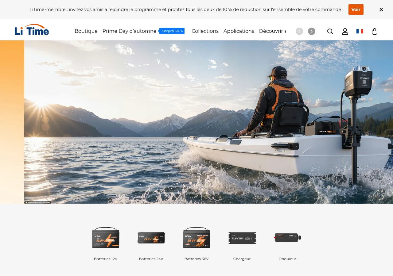 Screenshot of the LiTime France home page showing a boat and electric outboard motor in the banner and the 12V, 24V and 36V battery categories
