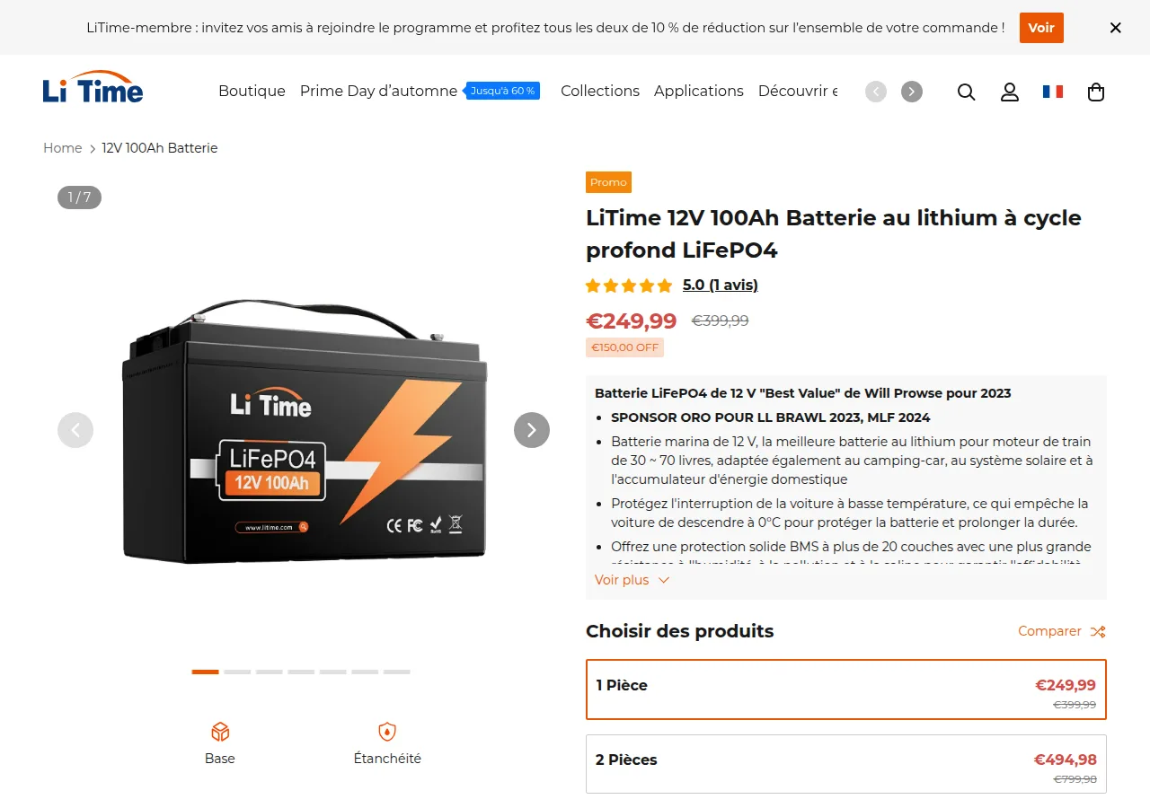 The LiTime France 12V 100Ah LiFePO4 battery page with a price of 249,99 euros