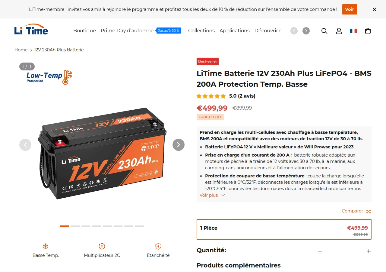 The LiTime France 12V 230Ah Plus battery page marked Best-seller with a price of 499,99 euros