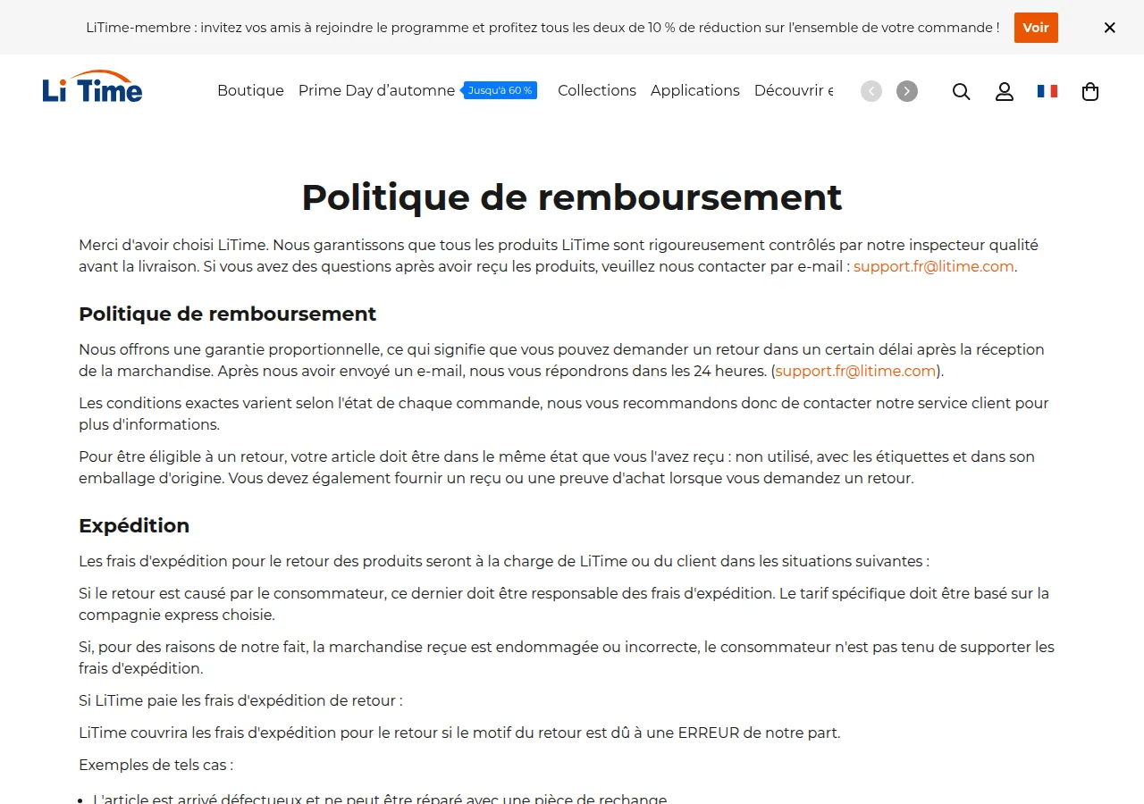 The LiTime France refund policy page