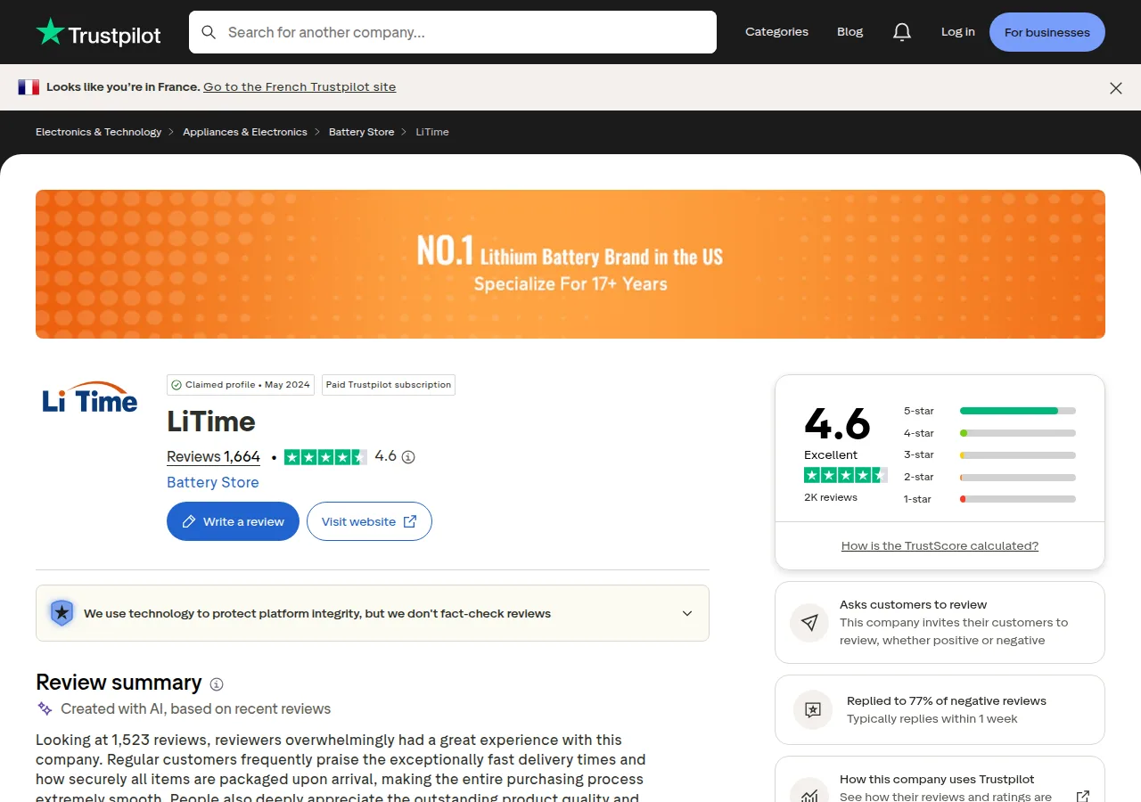 The Trustpilot profile for LiTime showing 4.6 out of 5 and 1,664 reviews