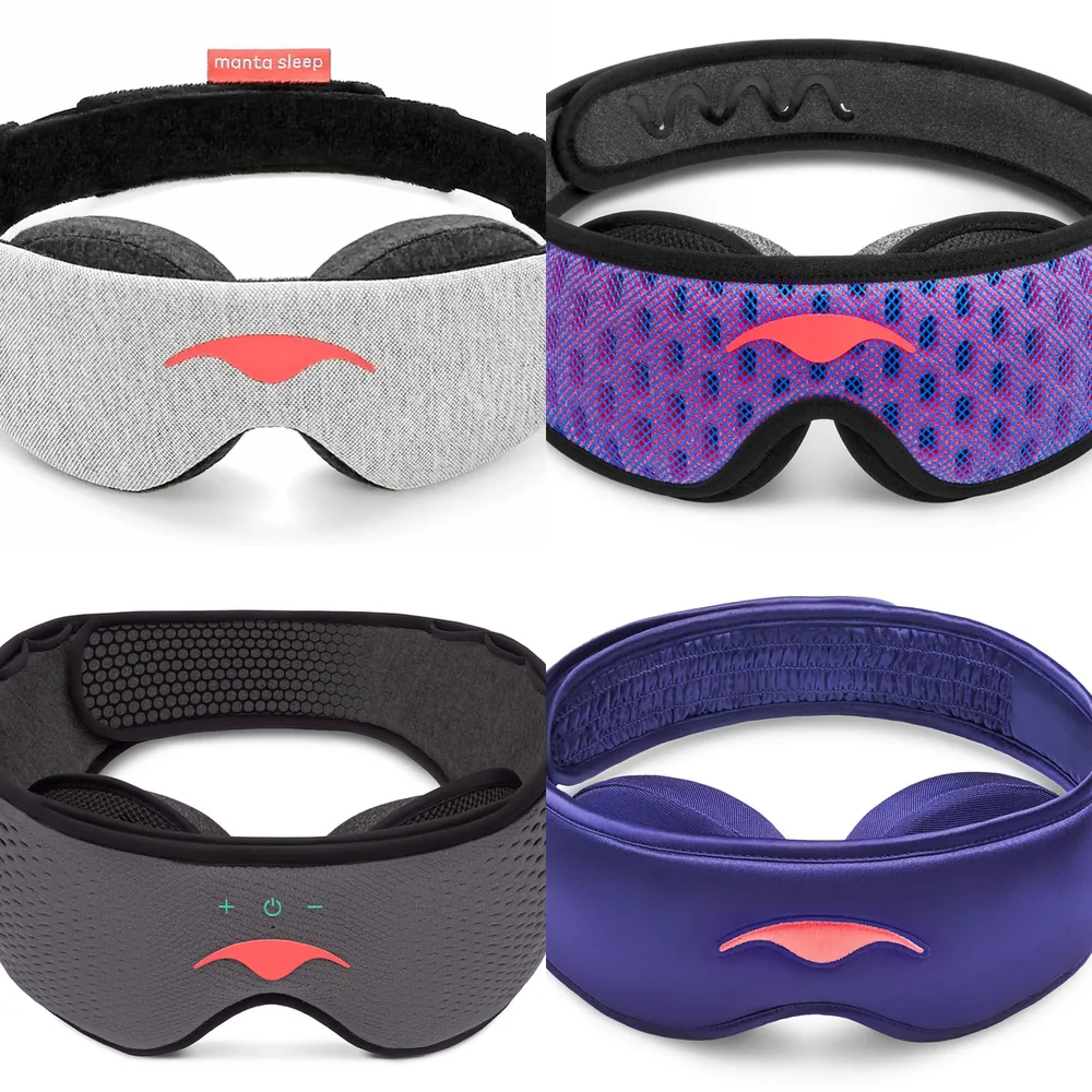 Four Manta sleep masks side by side: Original, PRO, SOUND and SILK