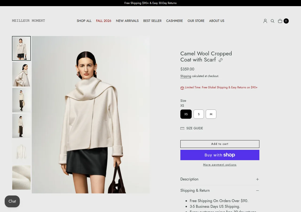 The Meilleur Moment Camel Wool Cropped Coat with Scarf product page at $359
