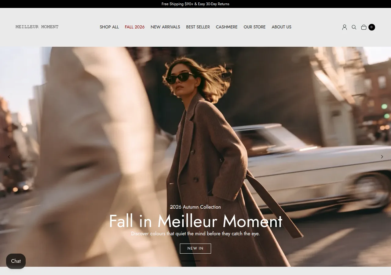 Screenshot of the Meilleur Moment US home page with a woman in a brown long coat under the Fall in Meilleur Moment heading