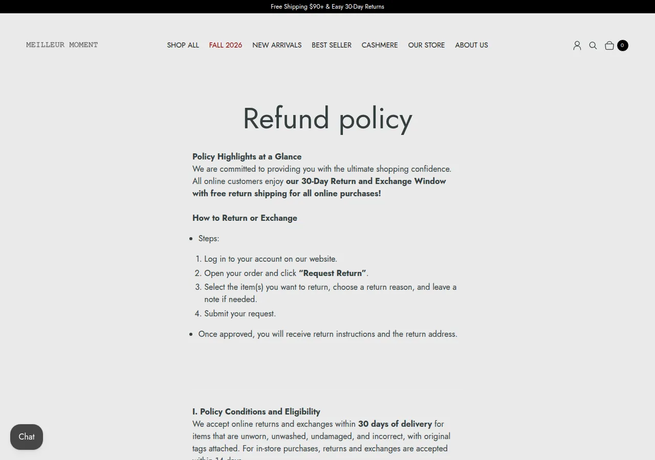 The Meilleur Moment refund policy page showing the 30-day return and exchange window with free return shipping