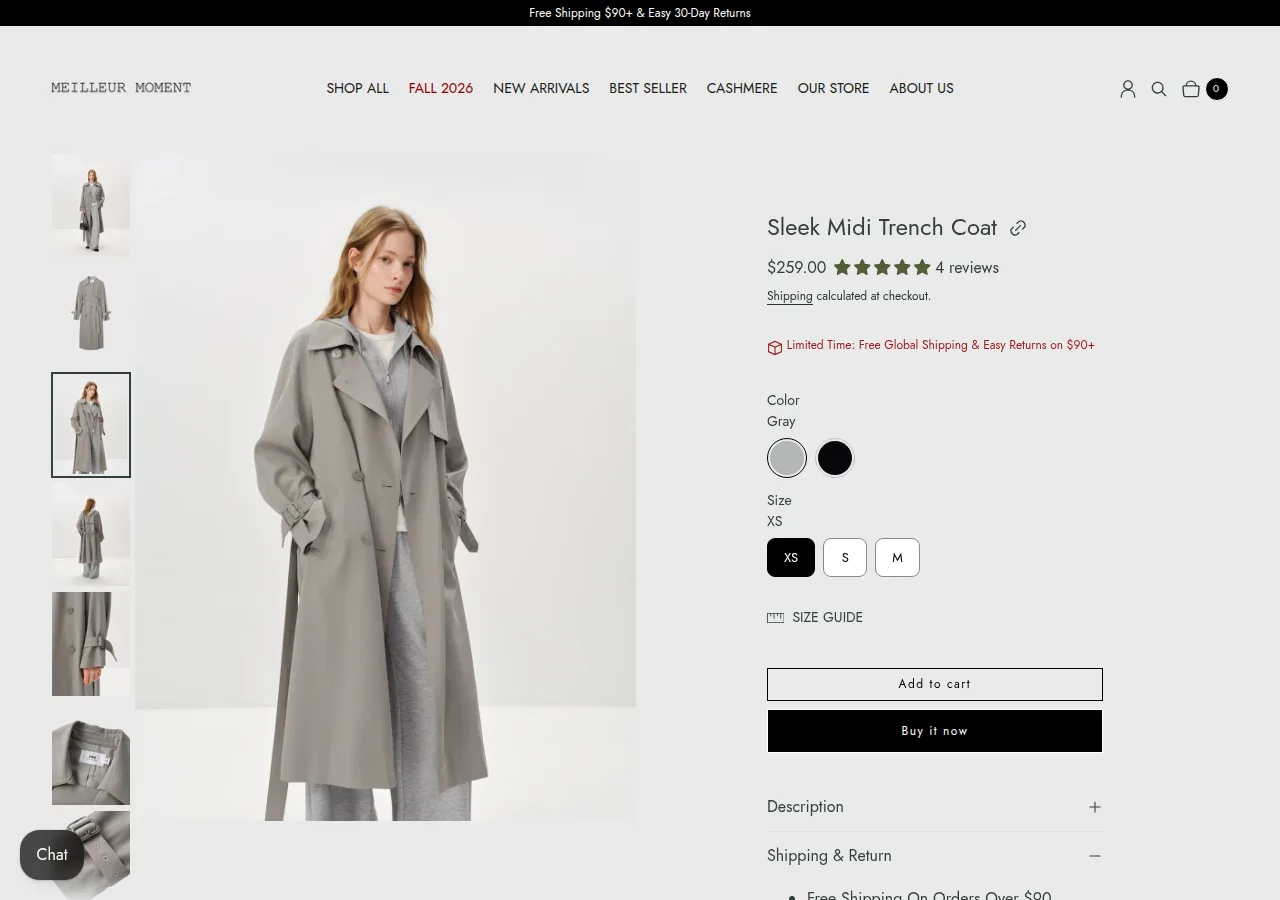 The Meilleur Moment Sleek Midi Trench Coat product page at $259 with a 5.00 rating from 4 reviews