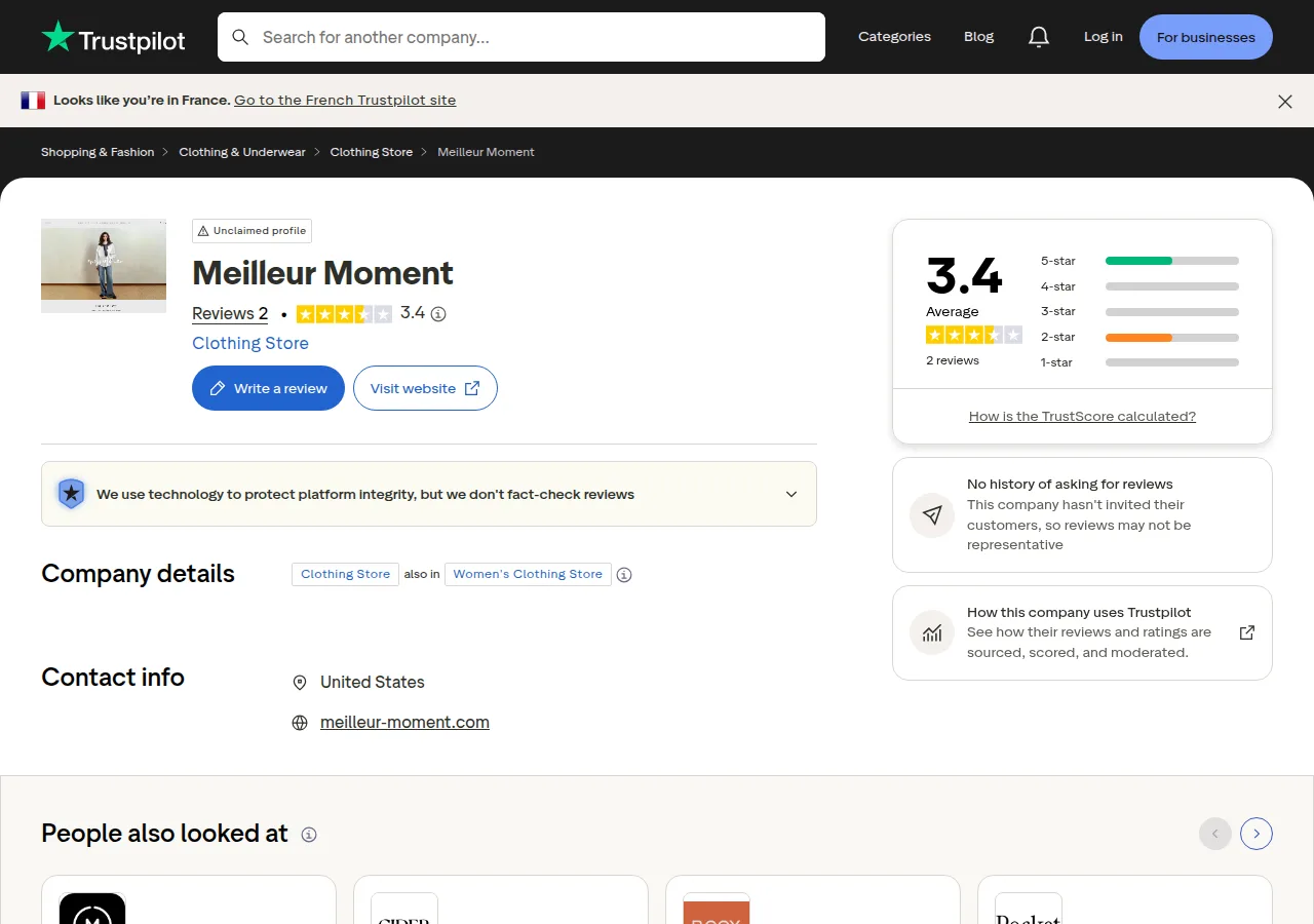 The Trustpilot page for Meilleur Moment showing 3.4 from 2 reviews on an unclaimed profile