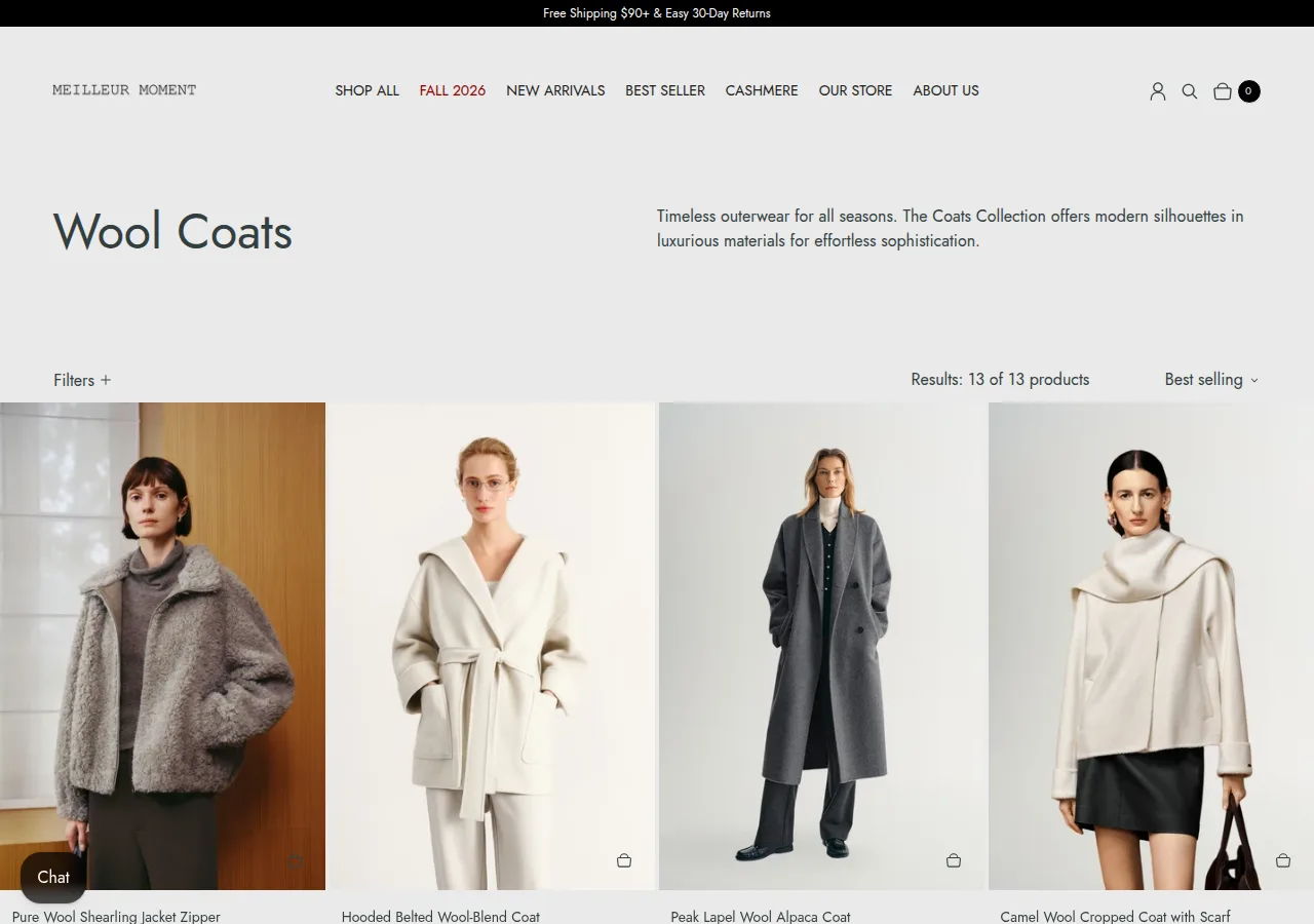 The Meilleur Moment Wool Coats collection showing a shearling jacket, a hooded belted coat, a peak-lapel coat and a cropped coat with scarf