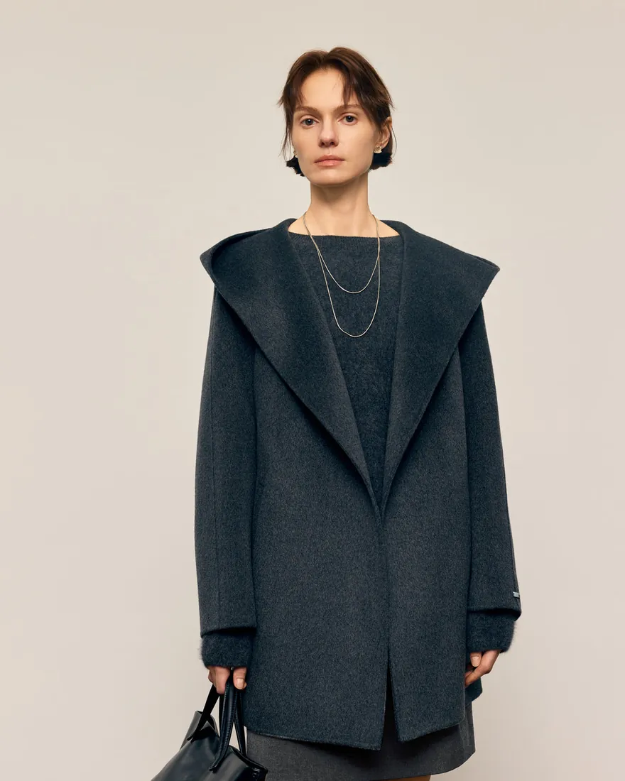 Oversized Hooded Cashmere Coat in dark blue