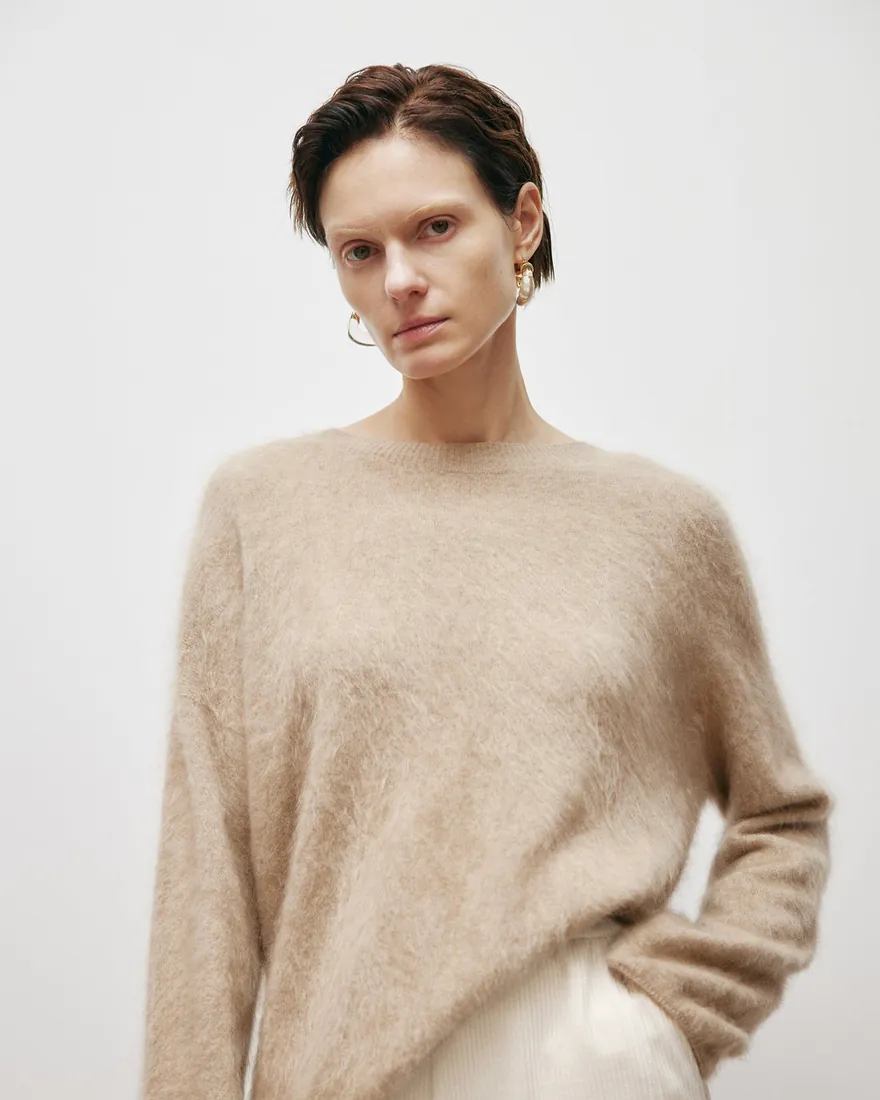 Soft Brushed Cashmere Crewneck Sweater in beige