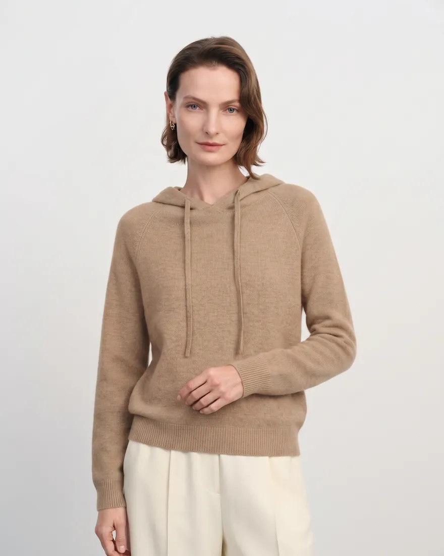 Cashmere Drawstring Hooded Knit Sweater in tan