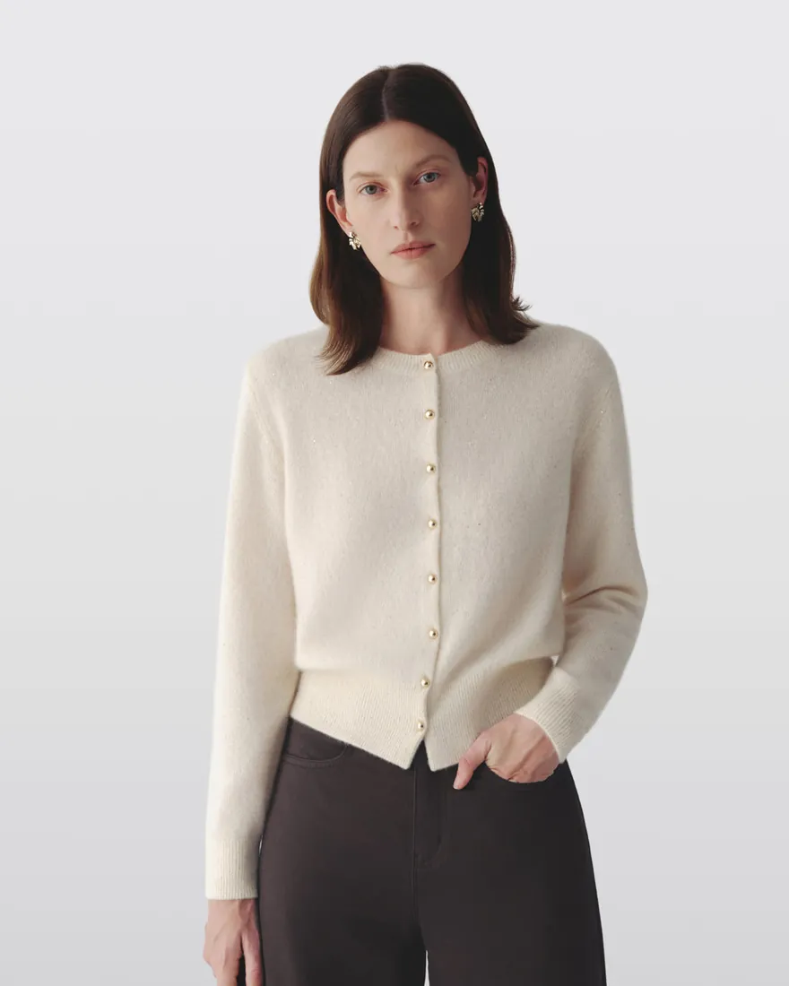 Sequin Cashmere-Silk Knit Cardigan in cream