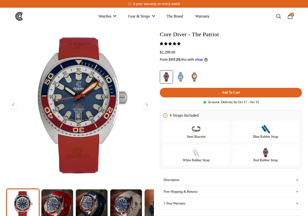 The Ocean Crawler Core Diver The Patriot product page with a $1,299 price and a red strap