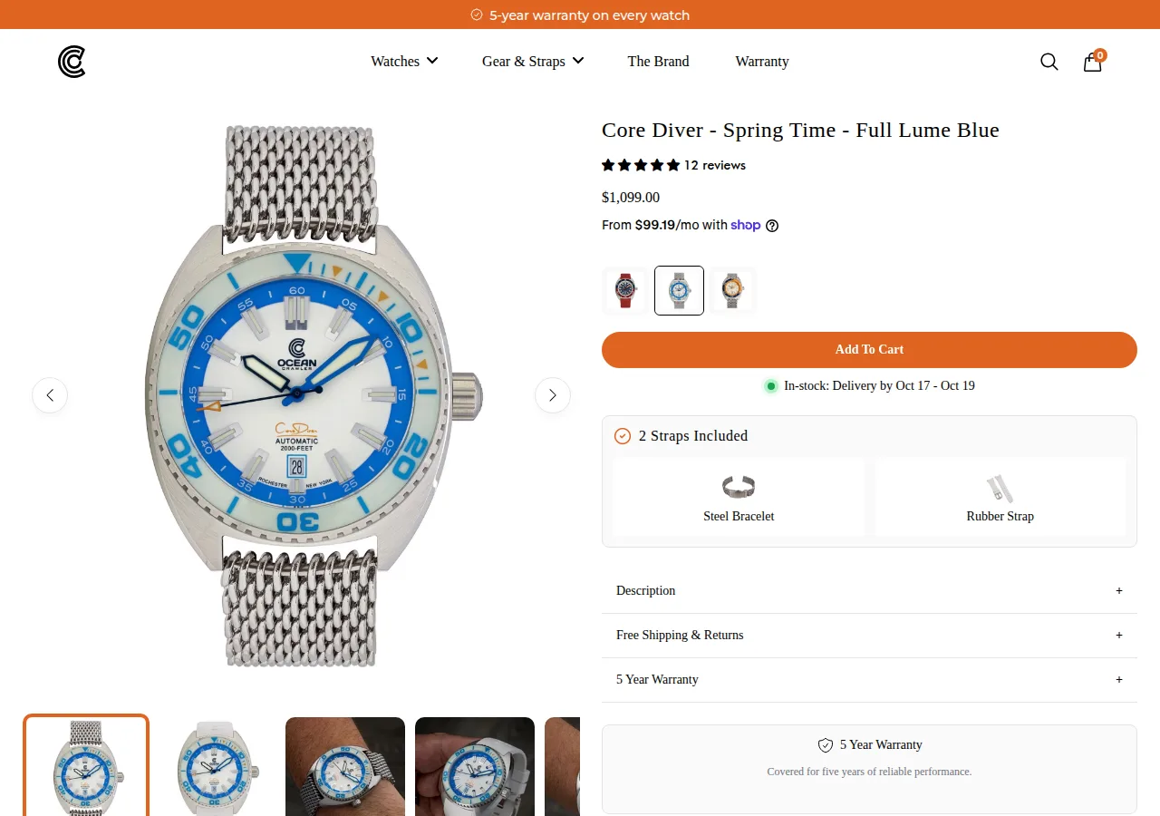 The Ocean Crawler Core Diver Spring Time Full Lume Blue product page with a $1,099 price and a mesh bracelet