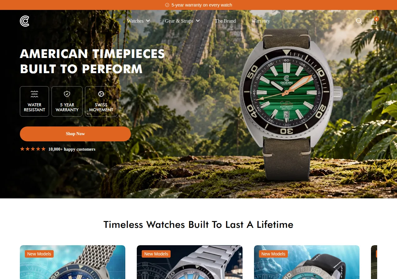 Screenshot of the Ocean Crawler home page showing a green malachite-dial dive watch under the heading American Timepieces Built to Perform