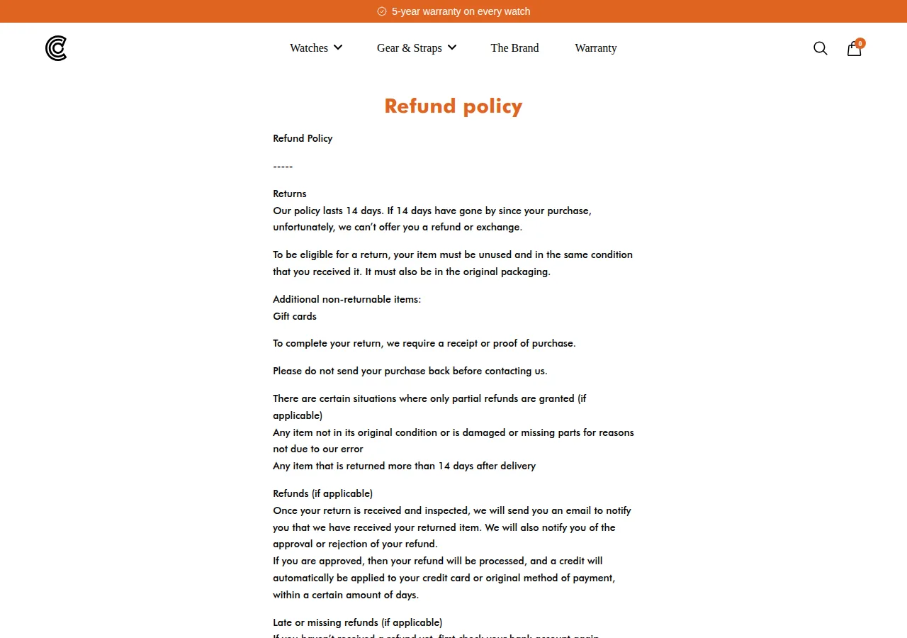 The Ocean Crawler refund policy page stating a 14-day return period