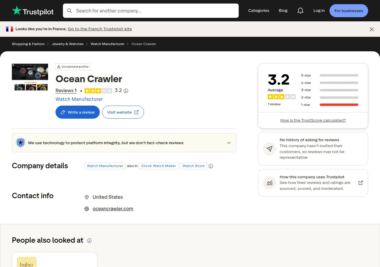 The Trustpilot profile for Ocean Crawler showing a 3.2 rating from one review