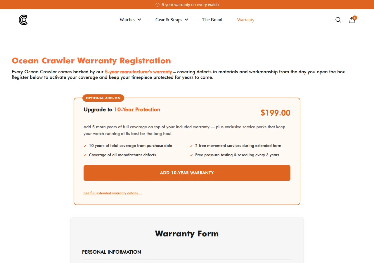 The Ocean Crawler warranty registration page with a 10-year protection add-on at $199