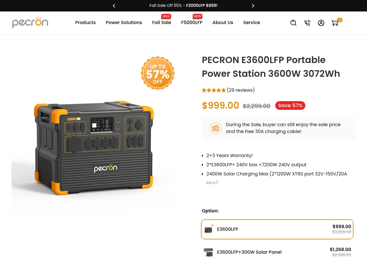 The Pecron E3600LFP product page showing $999 against a $2,299 list price, 29 reviews and a 2+3 years warranty line