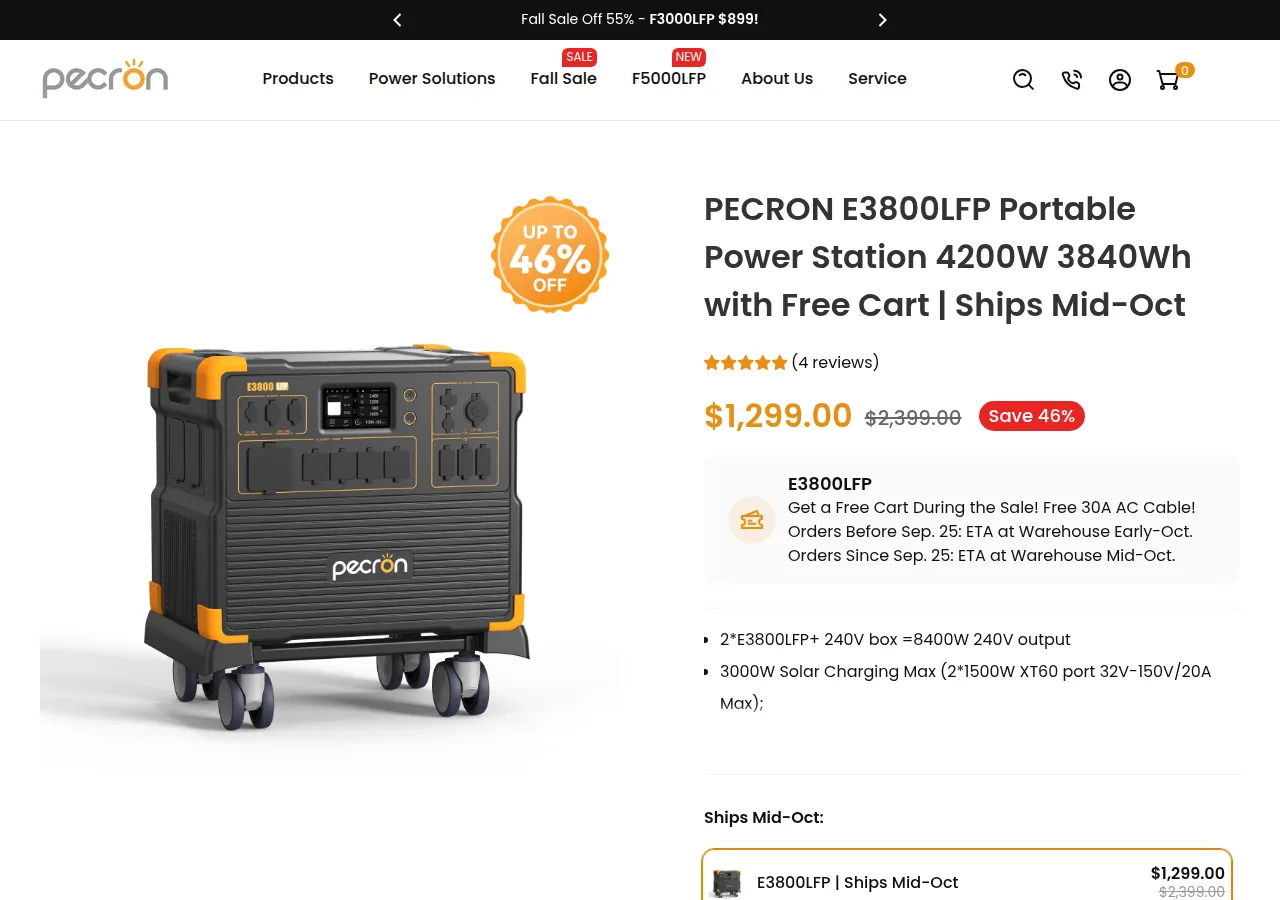 The Pecron E3800LFP product page showing $1,299 against a $2,399 list price, 4 reviews and a Ships Mid-Oct label
