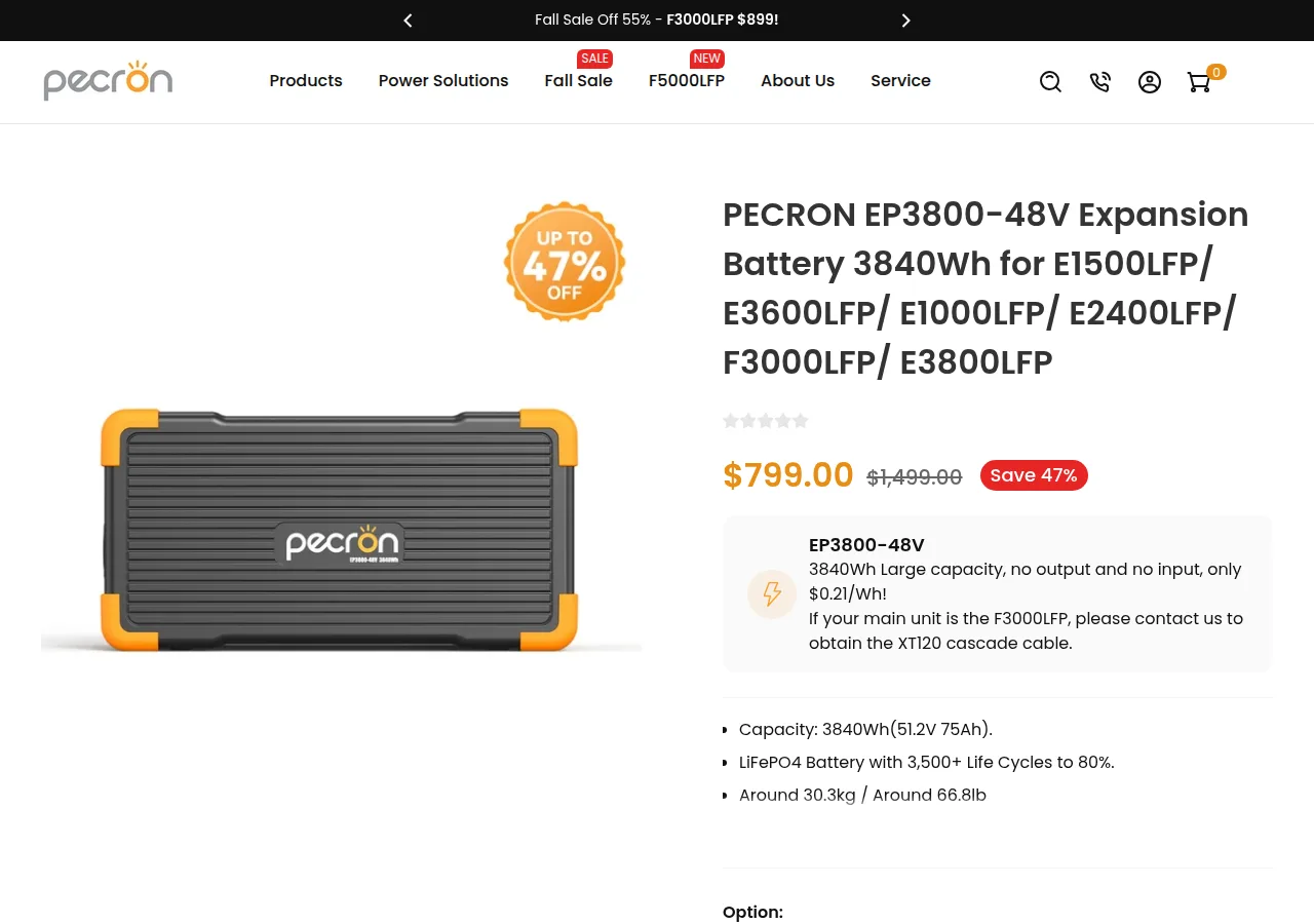 The Pecron EP3800-48V expansion battery page showing $799 against a $1,499 list price and 3,840 Wh capacity