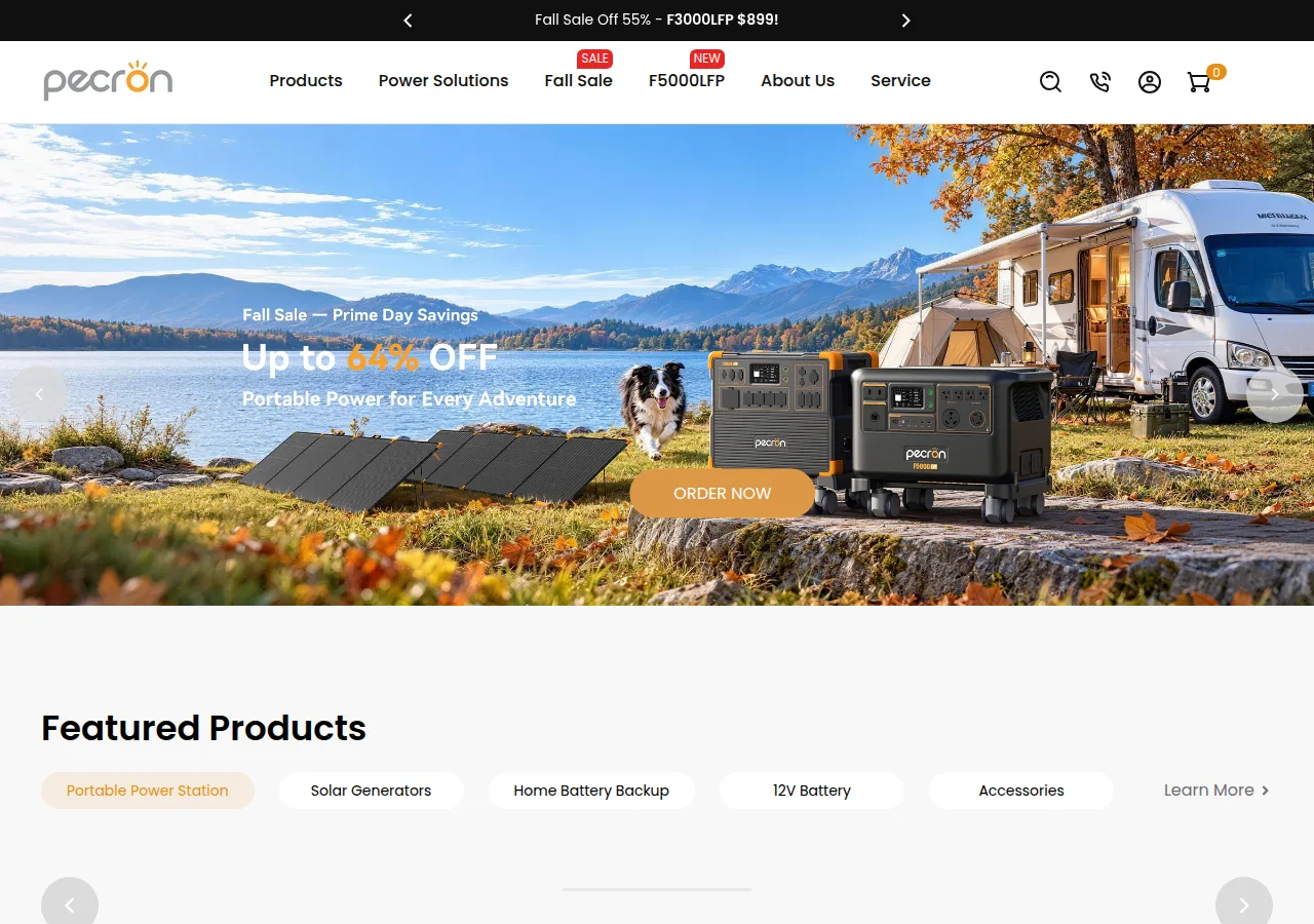 Screenshot of the Pecron home page showing a Fall Sale banner with two power stations, solar panels and a motorhome by a lake